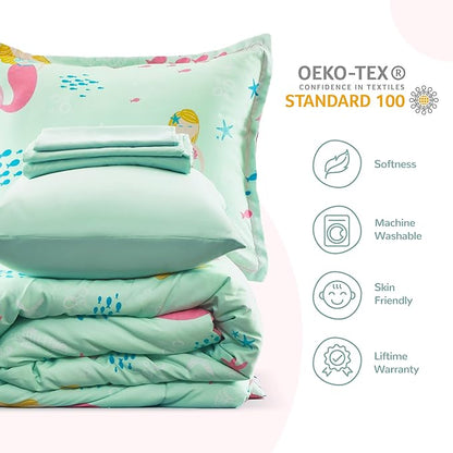 SLEEP ZONE Kids Bedding Comforter Set Full/Queen Size - Super Cute & Soft Kids Bedding 7 Pieces Set with Comforter, Sheet, Pillowcase & Sham (Mermaid Princess)