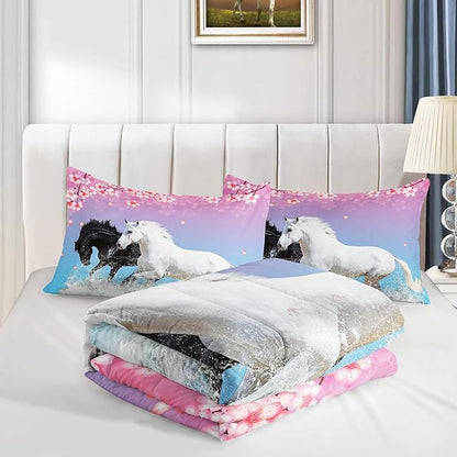 Kid Horse Comforter Set Room Floral Animal Theme Handsome Horse Chic Cherry Blossom Bedding Set 3D Wild Animal Decor Quilt Set for Girls Adult, 1 Comforter + 2 Pillowcases