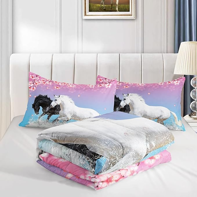 Kid Horse Comforter Set Room Floral Animal Theme Handsome Horse Chic Cherry Blossom Bedding Set 3D Wild Animal Decor Quilt Set for Girls Adult, 1 Comforter + 2 Pillowcases