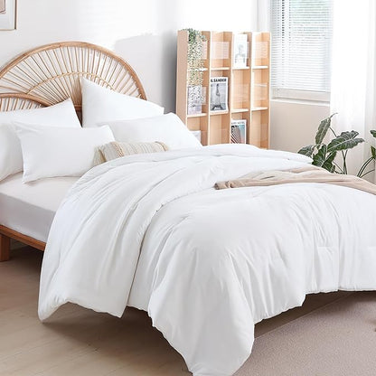 Queen Comforter Set White Comforter Boho Solid Color Bedding Comforter Set for All Season Soft lightweight Microfiber 3PCS Reversible Comforter Set (1 Comforter, 2 Pillowcases)