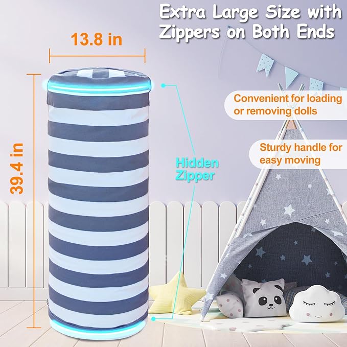 Stuffed Animal Storage Bean Bag Cover for Kids, Bean Bag Stuffed Animal Storage for Boys and Girls | Organize, Sit, Play, Box | X-Large, Cylinder, 2 Zippers at Both Ends, 100% Cotton Canvas