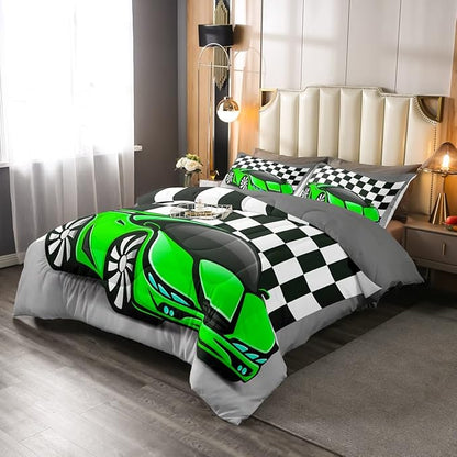 Racing Car Comforter Set, Cool Speed Race Car Down Comforter Queen for Kids Boys Girls Teens Bedroom, Automobile Extreme Sport Bedding Set Plaid Checkered Duvet Sets with 2 Pillowcases, Grey Green