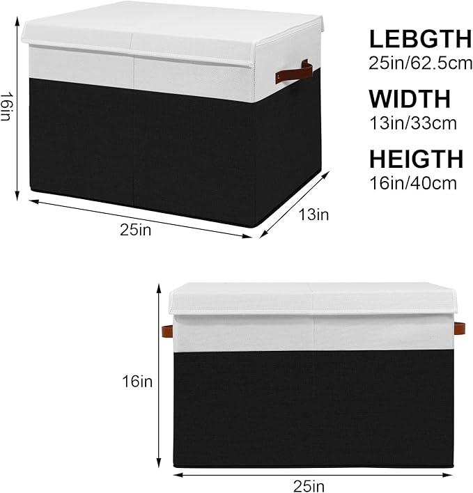 Large Toy Storage Box with Lid, Sturdy Toys Storage Chest Bin Organizer Basket with Dividers for Kids, Boys, Girls, Nursery, Closet, Bedroom, Playroom 25"x13" x16" (Black and White)
