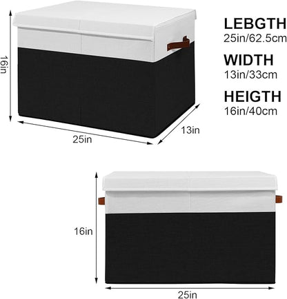 Large Toy Storage Box with Lid, Sturdy Toys Storage Chest Bin Organizer Basket with Dividers for Kids, Boys, Girls, Nursery, Closet, Bedroom, Playroom 25"x13" x16" (Black and White)