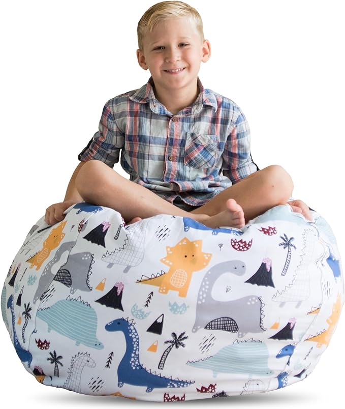 Creative QT Stuff ’n Sit Large 33’’ Bean Bag Storage Cover for Stuffed Animals & Toys – Multicolor Dinosaur Print – Toddler & Kids’ Rooms Organizer – Beanbag Makes Great Plush Toy Hammock Alternative