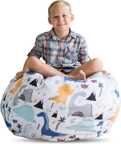 Creative QT Stuff ’n Sit Large 33’’ Bean Bag Storage Cover for Stuffed Animals & Toys – Multicolor Dinosaur Print – Toddler & Kids’ Rooms Organizer – Beanbag Makes Great Plush Toy Hammock Alternative
