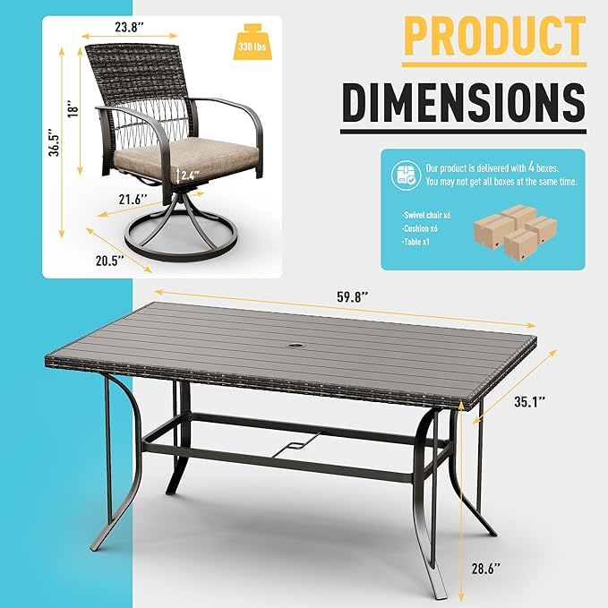 Pamapic 7 Piece Patio Dining Set for 6,Wicker Outdoor Furniture Set for Backyard Garden Deck Poolside with Iron Slats Table Top,6 Cushions Swivel Rocker Chairs,Removable Cushions(Beige)