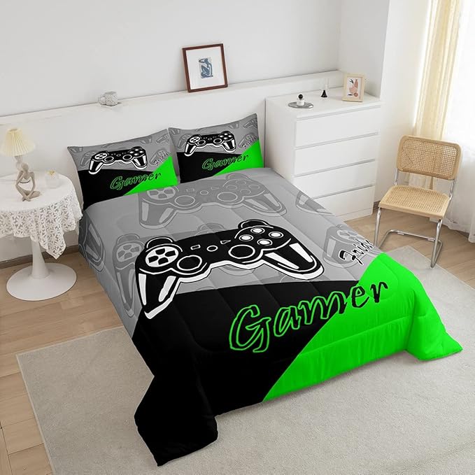 Feelyou Gamer Comforter Set Gaming Bedding Set for Teens Boys Video Game Decor Comforter Game Controller Quilted Duvet Set 1 Comforter with 1 Pillowcase Twin Green