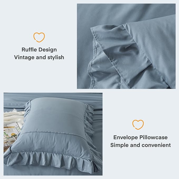 Andency Grayish Blue Queen Comforter Set(90x90Inch), 3 Pcs(1 Ruffle Comforter and 2 Pillowcases) Solid Bedding Comforter Sets for Queen Bed, Lightweight and Fluffy Soft Microfiber Bedding Set