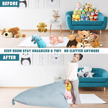 Stuffed Animal Storage Bean Bag Chair Cover, Velvet Grey Plush Toy Storage Stuff and Sit Seat for Kids/Teens/Adults, 52" x 31" Extra Large Triangle Floor Sofa, 200L/52Gal, Cover Only