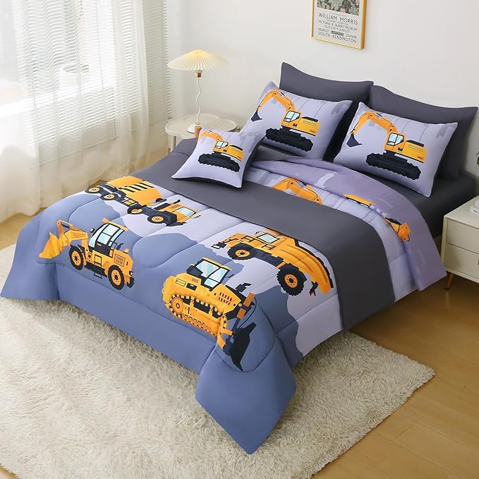JQinHome Construction Full Bedding Sets for Boys Kids,8 Piece Bed in A Bag 3D Cartoon Car Excavator Tractor Comforter Set with Sheet Set,Trucks Cars