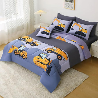 JQinHome Construction Full Bedding Sets for Boys Kids,8 Piece Bed in A Bag 3D Cartoon Car Excavator Tractor Comforter Set with Sheet Set,Trucks Cars