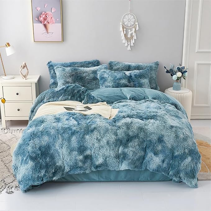 WINLIFE Shaggy Bedding Comforter Set Full Blue Faux Fur Flannel Furry Comforter Plush Comforter Sets Gradient Ombre Tie Dye Bedding for Teens Adults (3Pcs, Full, Smoke Blue)