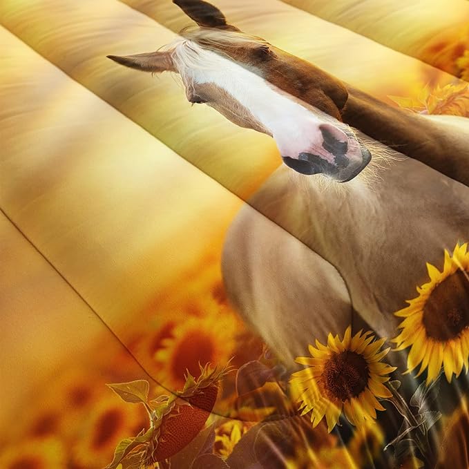 Horse Comforter Queen Size,Sunflower Horse Comforter Set for Kids Teens Girls Boys,3Pcs Bedding Set Printed Comforter with 2 Pillowcases,Soft and Lightweight，Queen Size