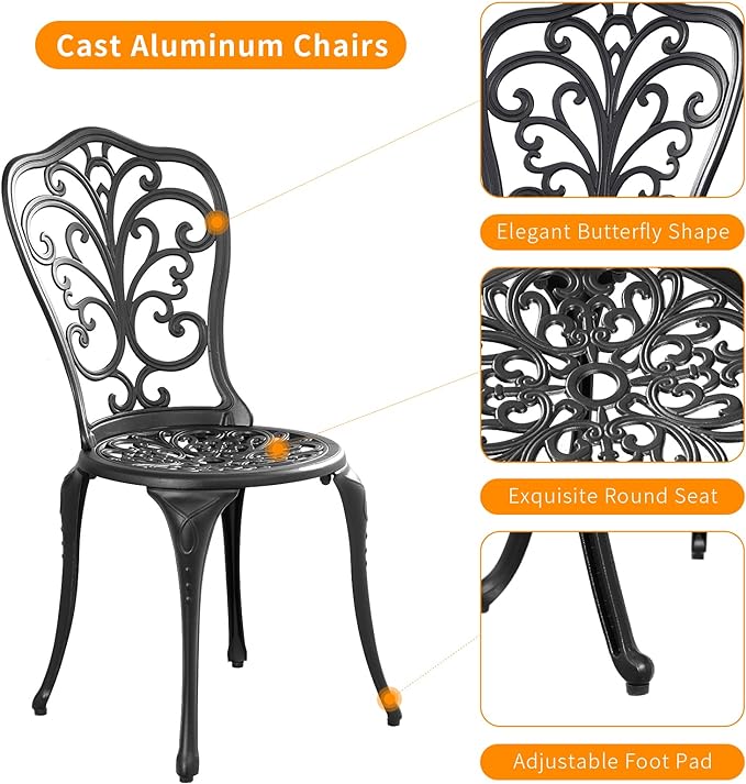 Patio Bistro Set 3 Piece Outdoor,Cast Aluminum Outdoor Bistro Table and Chair Set of 2 with 1.97" Umbrella Hole,All Weather Metal Bistro Table Set for Front Porch Set(Butterfly Black)