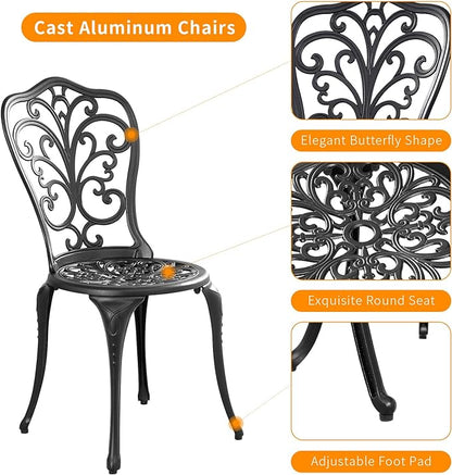 Patio Bistro Set 3 Piece Outdoor,Cast Aluminum Outdoor Bistro Table and Chair Set of 2 with 1.97" Umbrella Hole,All Weather Metal Bistro Table Set for Front Porch Set(Butterfly Black)