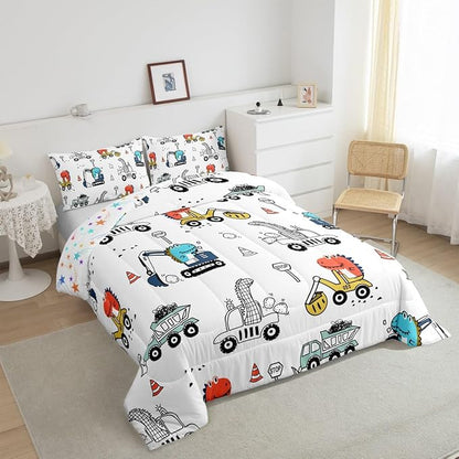Feelyou Kids Cartoon Car Comforter Set Construction Bedding Set King Size Tractor Vehicle Truck Comforter for Kids Boys Girls Cute Dinosaur Quilt Set Yellow Blue Soft for Teens Child Room Decor