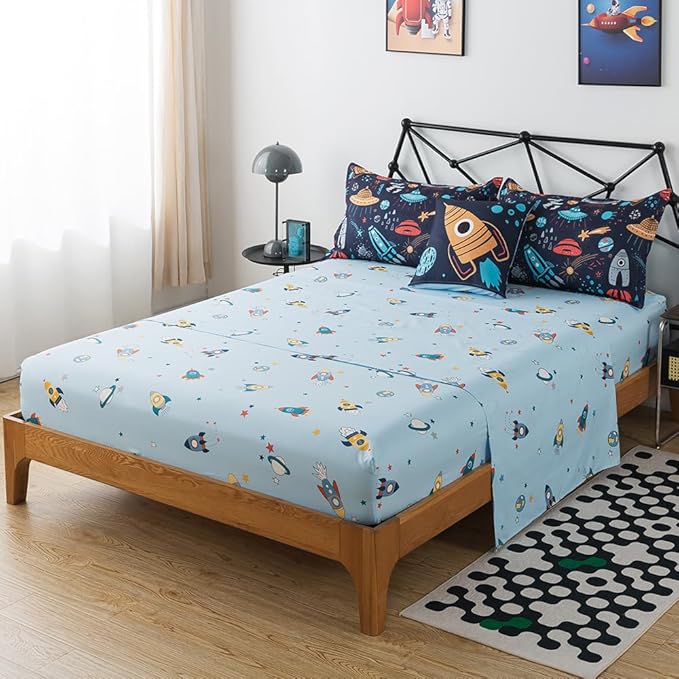 ADASMILE A & S Kids Space Comforter Set 6 Pieces Space Bedding Twin Size for Boys Space Ship Rocket Bedding Galaxy Bed in a Bag Comforter Twin Outer Space Bed Set with Blue Space Sheets Home Decor