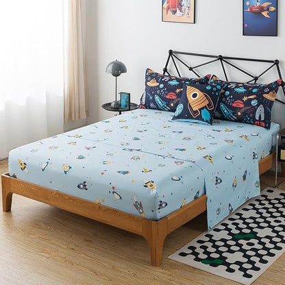 ADASMILE A & S Kids Space Comforter Set 6 Pieces Space Bedding Twin Size for Boys Space Ship Rocket Bedding Galaxy Bed in a Bag Comforter Twin Outer Space Bed Set with Blue Space Sheets Home Decor