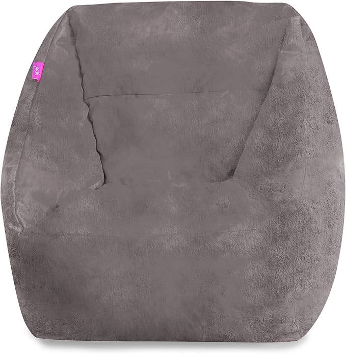 Posh Creations Structured Comfy Bean Bag Chair for Gaming, Reading, and Watching TV, Coronado Chair, Rabbit Fur - Gray