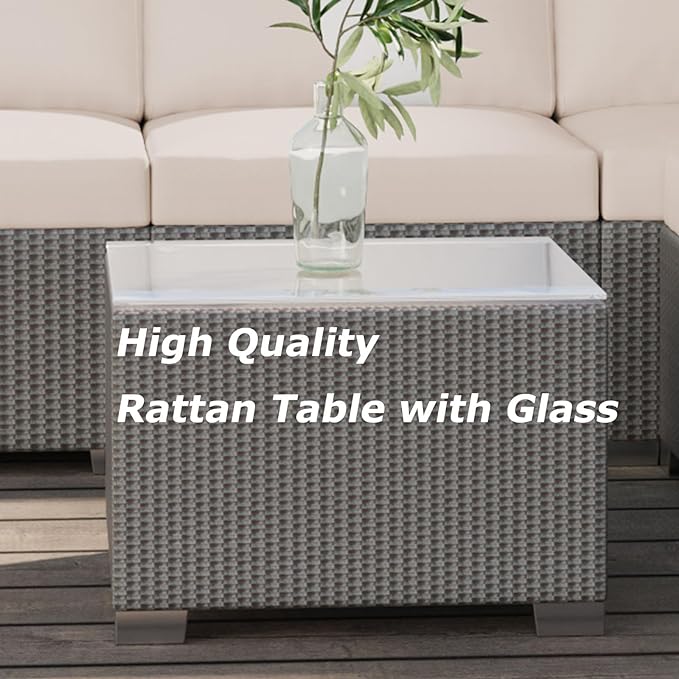 GAOMON 5-Piece Outdoor Patio Rattan Wicker Sofa Set, Pe Rattan Conversation Sectional with Thickened Back Cushion, Glass Tabletop, Ottoman - Ideal for Courtyard Space, Beige