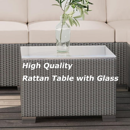 GAOMON 5-Piece Outdoor Patio Rattan Wicker Sofa Set, Pe Rattan Conversation Sectional with Thickened Back Cushion, Glass Tabletop, Ottoman - Ideal for Courtyard Space, Beige