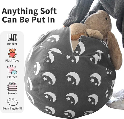 2 PCS Stuffed Animal Storage Bean Bag Chair Cover, Cotton Canvas Beanbag with Zipper for Organizing Kid's and Adults Room Stars Moon 24"