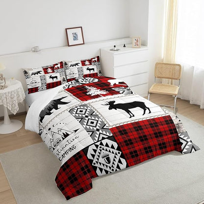 Deer Antlers Bear Kids Comforter Set Queen Size,Plaids Aztec Arrows Patchwork Bedding Set for Boys Girls Adults Room Decor,Rustic Adventure Xmas Down Comforter,Red Retro Duvet Insert,2 Pillowcases