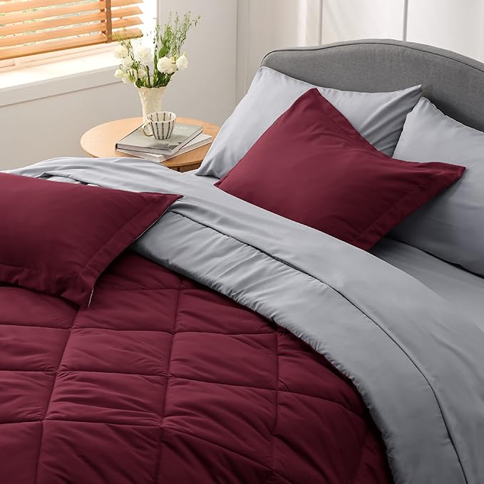 Bedsure Burgundy King Size Comforter Set - 7 Pieces Reversible King Bed in a Bag King Bed Set with Comforters, Sheets, Pillowcases & Shams, King Bedding Sets