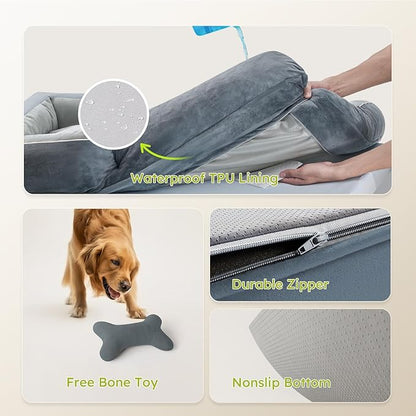 Jumbo Orthopedic Dog Bed for Extra Large Dogs With Cooling Gel Memory Foam, Waterproof Removable Washable Cover, 45" Sofa Couch Dutch Velvet With Bone Toy, Dark Gray