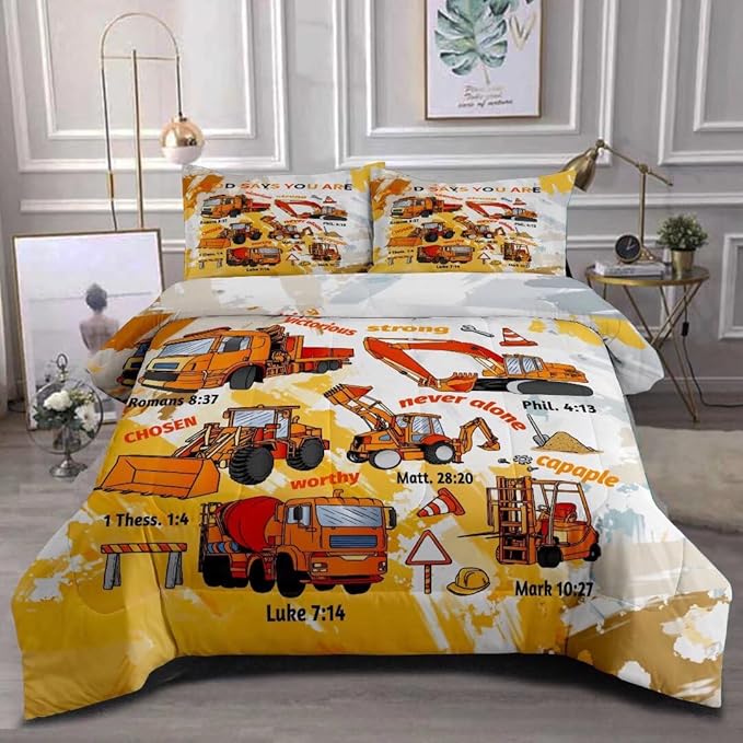 Kids Construction Vehicles Truck Comforter for Boys Twin,Cartoon Car Excavator Tractor Bedding Set,Construction Christian Spirational Quotes Comforter with 2 Pillowcases Yellow