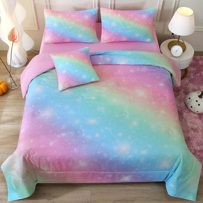 JQinHome Glitter Bedding Set Full Size,6 Piece Bed in A Bag 3D Colorful Rainbow Galaxy Comforter Set for Girls Kids-All Season Microfiber Tie-Dye Bedding Sets(Rainbow)