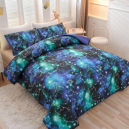 Holawakaka Tie Dye Constellation Print Ombre Comforter Set Full Size Girls Boys Gradient Galaxy Bedding Set (Black Green,Full)