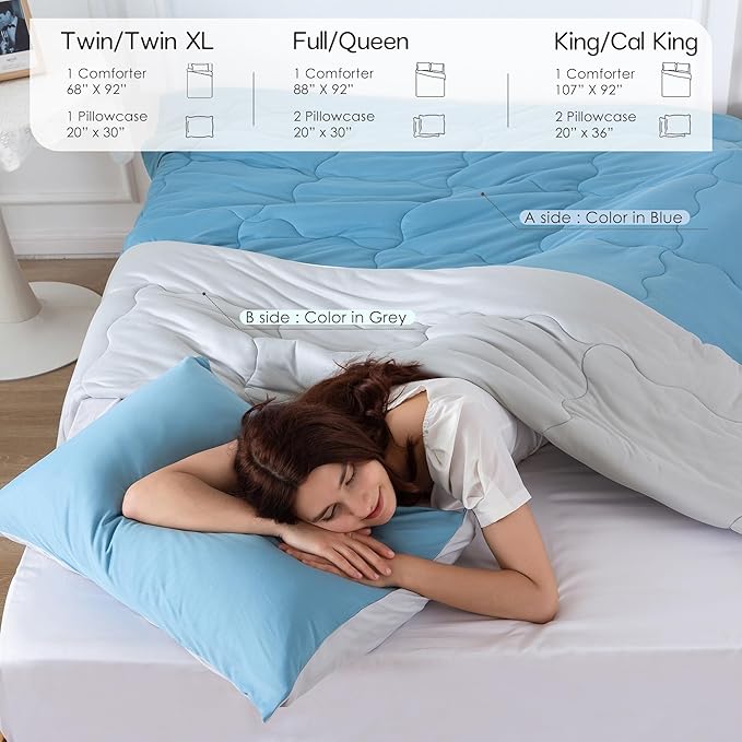 COTTEBED Reversible Blue and Light Gray Bed Comforter Queen Sets, Jersey Knit T-Shirt Feel Ultra-Soft Lightweight Breathable Cozy Bedding Down Quilt Blanket & 2 Pillowsham All Season Use (Full/Queen)