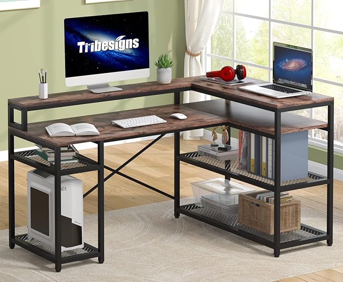 Tribesigns L Shaped Desk with Storage and Monitor Stand, Industrial Home Office Computer Desk with Storage Shelves, 59 Inch Corner Desk with Monitor Shelf(Brown)