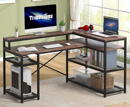 Tribesigns L Shaped Desk with Storage and Monitor Stand, Industrial Home Office Computer Desk with Storage Shelves, 59 Inch Corner Desk with Monitor Shelf(Brown)