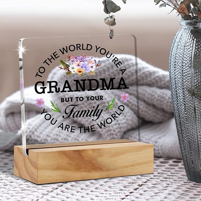 Best Grandma Gifts Floral Grandma You are the World Quote Decorative Desk Decor Grandma Acrylic Desk Plaque Sign with Wood Stand Home Office Desk Sign Keepsake Present