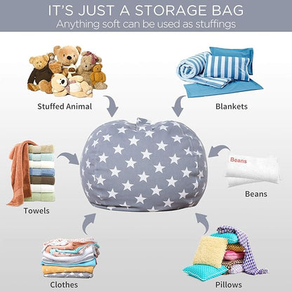 Aubliss Stuffed Animal Storage Bean Bag Chair Cover Only for Plush Toys, Blankets, X-Large 48"-Canvas Stars Grey