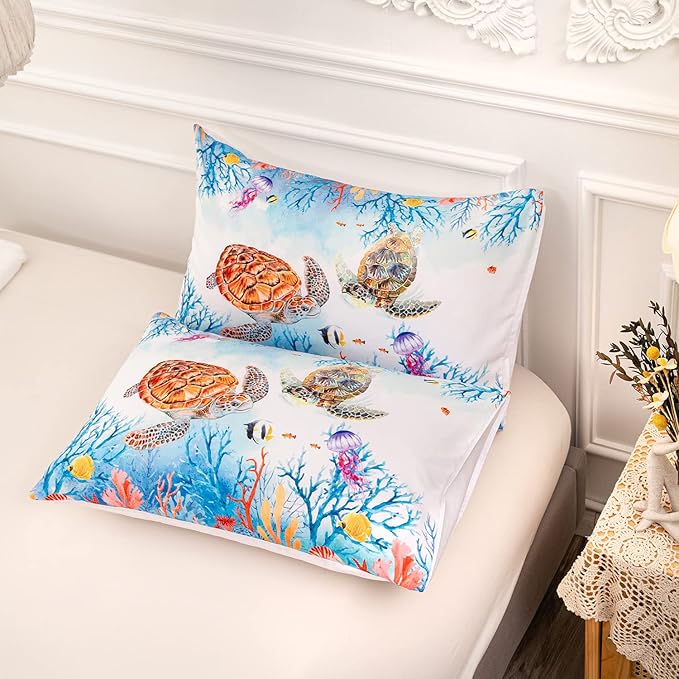 CVHOUSE Sea Turtle Comforter Set,Ocean Watercolor Sea Turtle Bedding Set for Kids Teens,Ocean Sea Turtle Comforter Sea Turtle Duvet Set Room Decor Quilt Set Queen Size