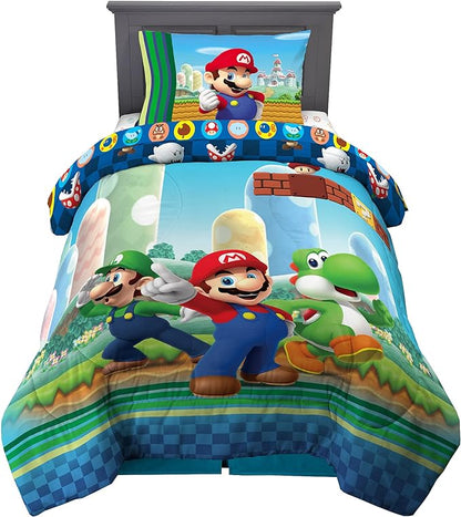 Franco Kids Bedding Super Soft Comforter and Sheet Set, 4 Piece Twin Size, Mario