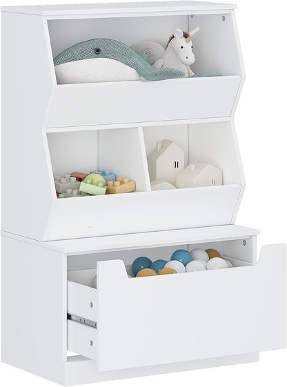 UTEX Kids Toy Storage Organizer, Bookshelf for Kids and Bookcase with Drawer, Children Open Storage Cubby for Kids Room Playroom Nursery White
