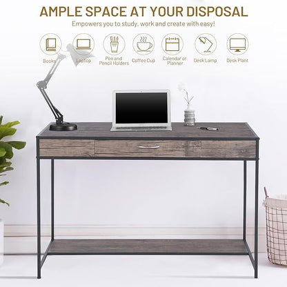 FurnitureR Vintage Wooden Computer Desk with Drawer, 43 Inches Industrial Writing Desk Workstation with Metal Legs and Bottom Shelf for Home Office, Brown