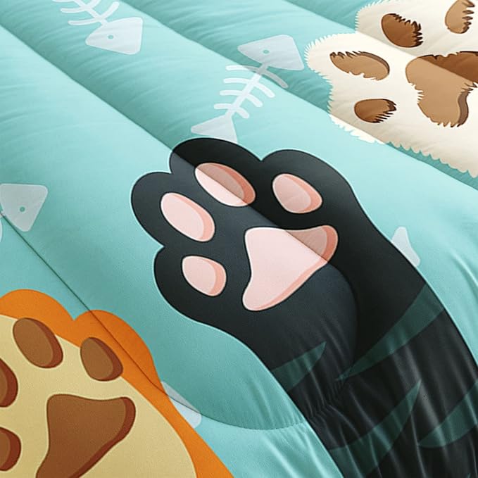 Datura home Cat Paws Comforter Bedding Set for Kids Teens,Cartoon Cat Paws and Fish Bones Pattern Lightweight Cyan Comforter with 2 Pillowcases,3pcs(Cat Paws Full)