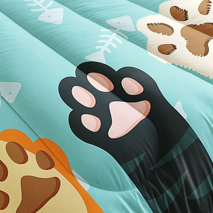 Datura home Cat Paws Comforter Bedding Set for Kids Teens,Cartoon Cat Paws and Fish Bones Pattern Lightweight Cyan Comforter with 2 Pillowcases,3pcs(Cat Paws Full)