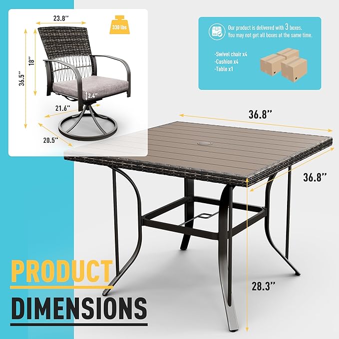 Pamapic 5 Piece Patio Dining Set for 4,Wicker Outdoor Furniture Set for Backyard Garden Deck Poolside with Square Plastic-Wood Table Top,4 Cushions Swivel Rocker Chairs,Removable Cushions(Gray)