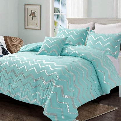 Aqua Comforter Set Twin Size, Metallic Teal and Silver Bedding Set, 3 Piece Lightweight Microfiber Comforter for Teen Girls Boys Women (1 Pillow Case + 1 Decorative Pillow Sham)