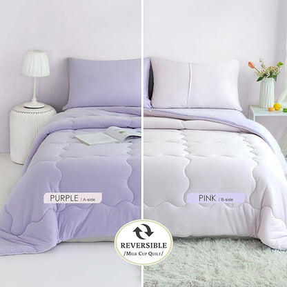 COTTEBED Reversible Softness Pink Purple Twin Comforters Sets for Girl Kids College Dorm, Cute Jersey Knit Lightweight Breathable Fluffy Cozy Comfy Bed Down Comforter Quilt for All Season Twin/Twin XL