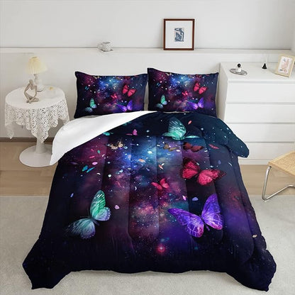 Datura home Butterfly Comforter Set for Girls Women,Colorful Butterflies in Space Galaxy Printed Black Bedding Set with 2 Pillowcases(Butterfly Galaxy Full)