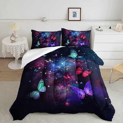Datura home Butterfly Comforter Set for Girls Women,Colorful Butterflies in Space Galaxy Printed Black Bedding Set with 2 Pillowcases(Butterfly Galaxy Queen)