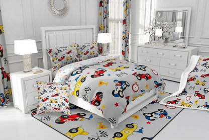 Feelyou Kids Cartoon Car Comforter Set Full Size Racing Car Bedding Set for Boys Girls Teen Kids Children Home Decor Racing Car Comforter Race Cars Quilt Bed Set Red Grey Bedding Set for All Season
